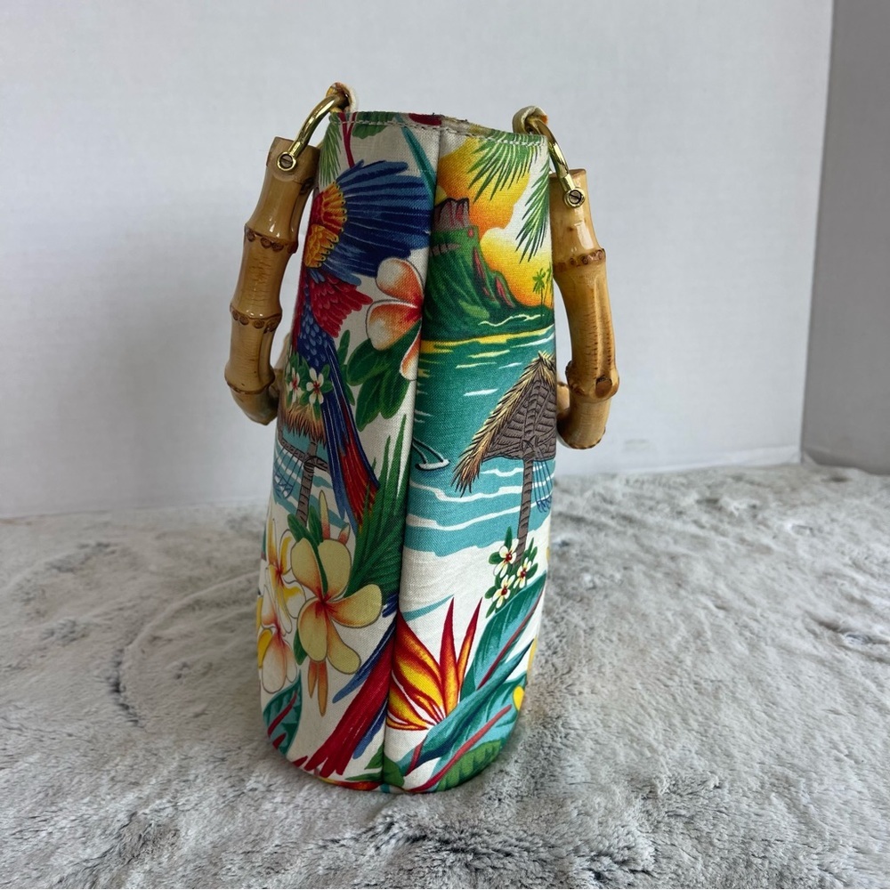 Vintage Tidy Tropical Print Tote Bag with Bamboo Handles Made In The USA - Picture 3 of 16